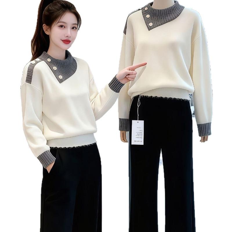 High-end Contrasting Color Warm Sweater Women's Short Autumn and Winter Lapel New Fashion Style Versatile Top