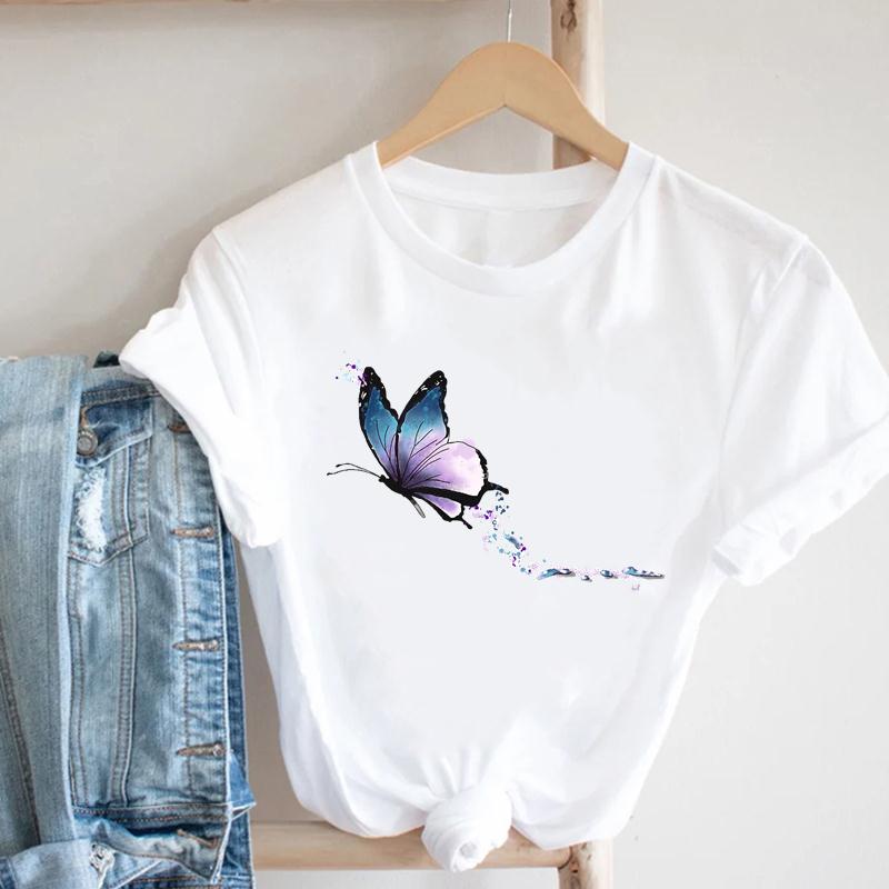 Watercolor Butterfly Tee Top Women Print Summer Fashion T-shirt Elegant Clothing Casual Short Sleeve Lady Female Graphic T-shirt