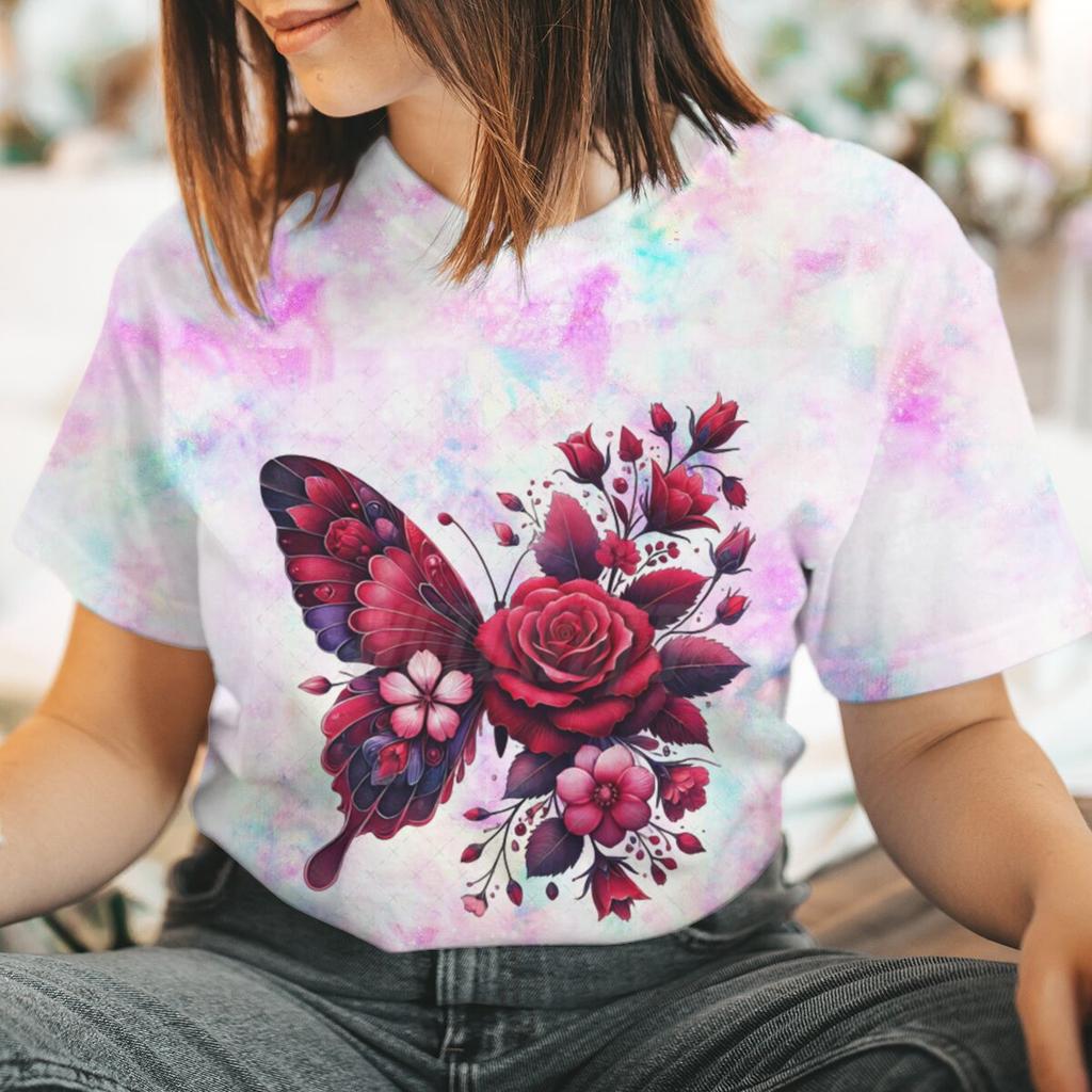 Floral Butterfly Fashion Clothes Summer Spring Flower Tee Ladies Cartoon Clothing Short Sleeve Graphic Women T-shirt Female Top