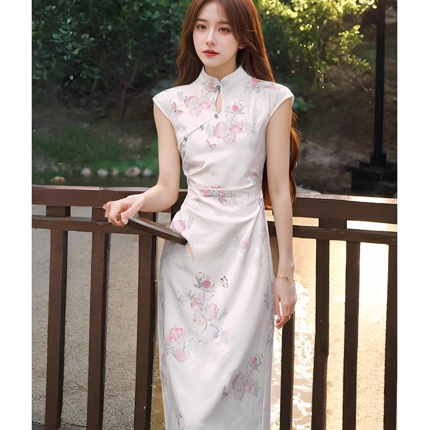 New Chinese-style printed improved cheongsam, young thin and white split-ended long dress, women's summer