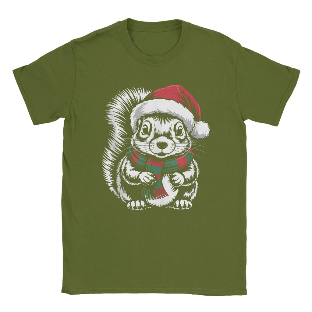Leisure Squirrel Xmas Santa Hat Scarf Christmas T-Shirts for Men Crew Neck 100 Cotton T Shirts  Short Sleeve Tees Plus Size Tops