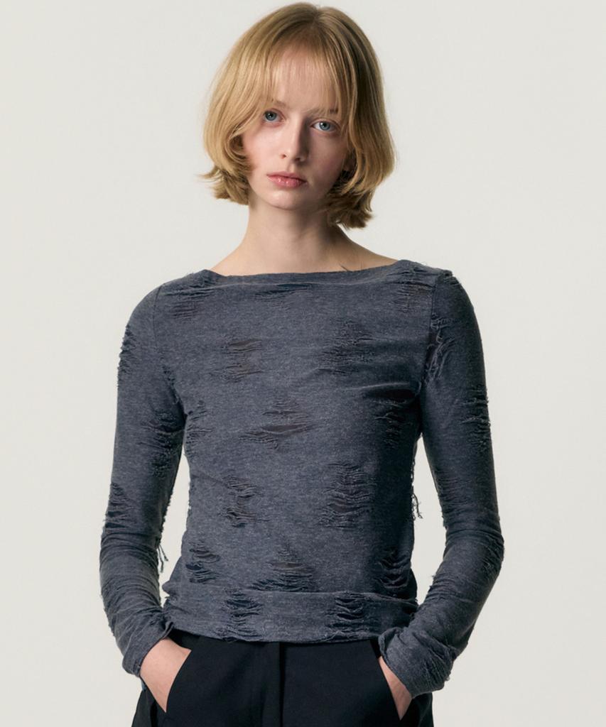 Kimjisu Distressed Cowl Neck T-Shirt_Blue