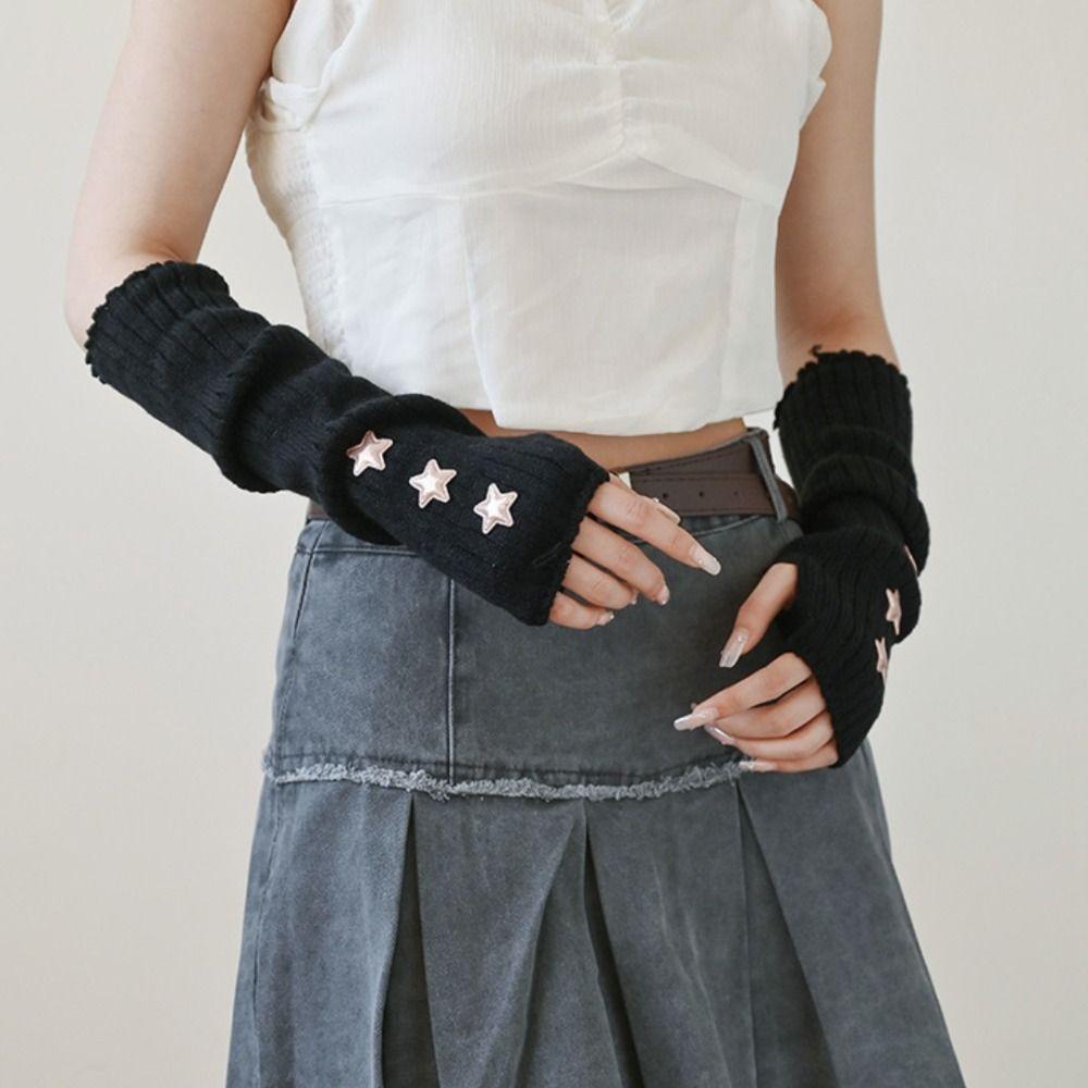 Bow Star Long Wrist Gloves Knitted Fingerless Gloves Trendy Warm Arm Sleeve  JK Accessories