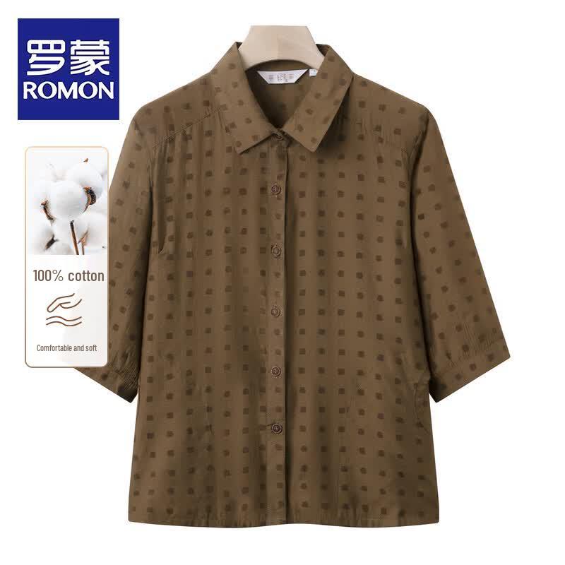 Romon Women s Mid-Aged Summer Cotton Plaid Shirt 3XL