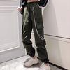 Black Striped Straight Pants Casual High Waist Women Pants Streetwear Ladies Loose Trousers Chain