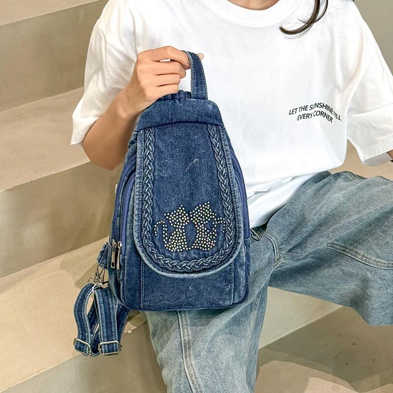 2026 Womens Woven Denim Crossbody Bag Casual Multi-Functional Mini Backpack With Rhinestone Detail