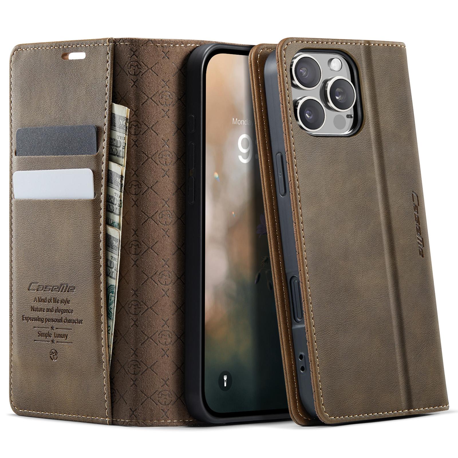 

For iPhone 16 Pro Max Case CASEME 033 Series RFID Blocking Wallet Stand Calf Texture Leather Phone Cover Coffee