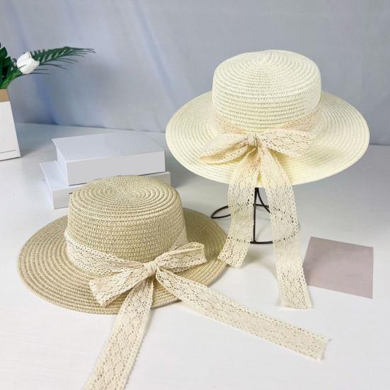 Sun Hat Lace Bow Decor Flat Top Wide Brim Straw Hat Hand-Woven Sunproof Windproof Summer Beach Picnic Basin Hat