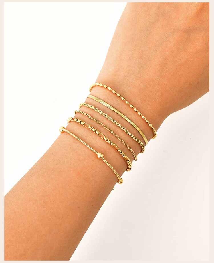 18K Real Gold Plated Bracelet Stackable for Women, Dainty Satellite Link Chain Bracelets Adjustable Minimalist Jewelry
