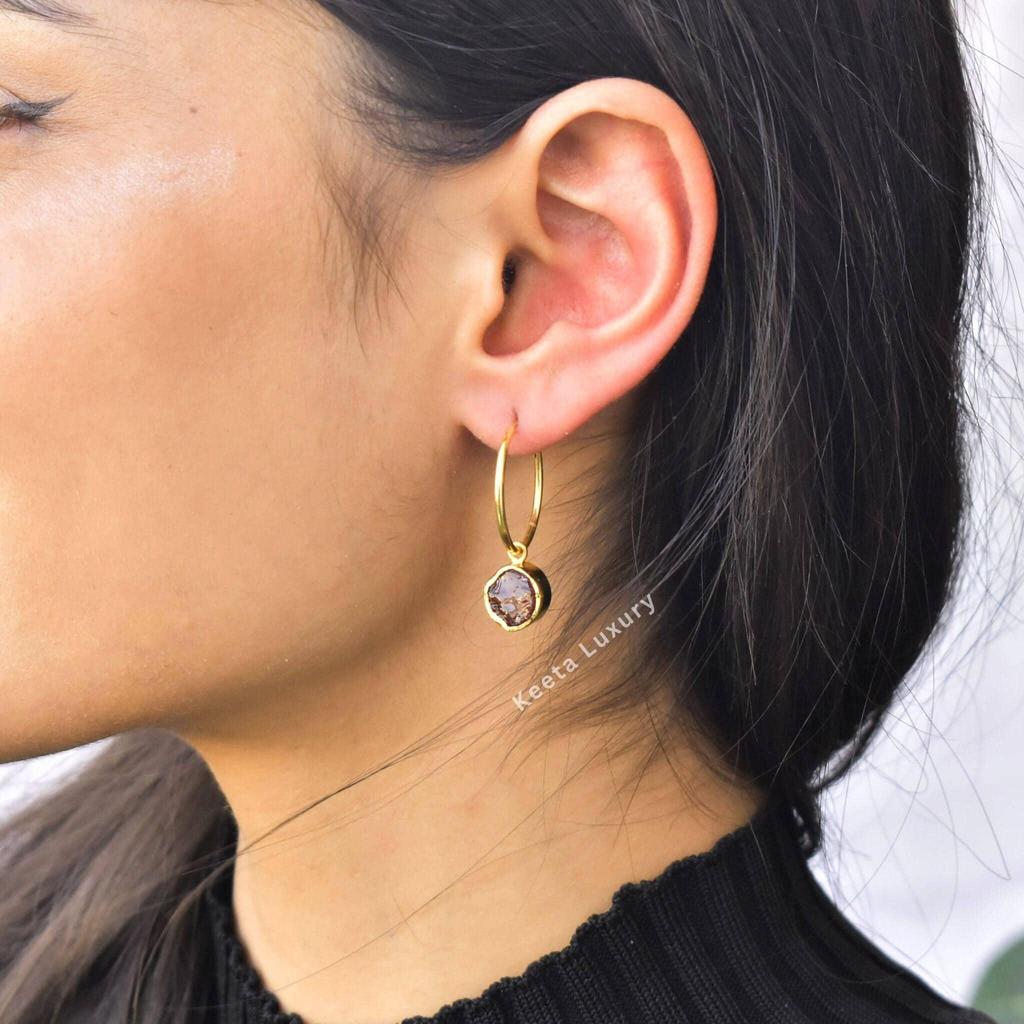 Natural Raw Garnet earrings Red Garnet small hoop earrings for daily wear Raw gemstone earrings Handmade earrings Bridesmaid jewelry