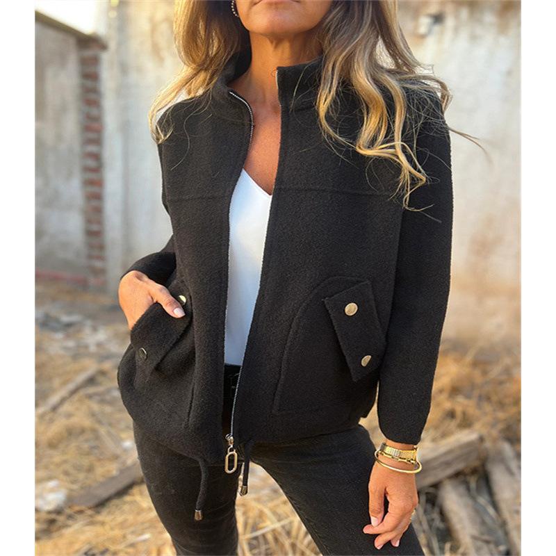 Women S Casual Wool Blend Lapel Tie Fake Pocket Blazer Coat