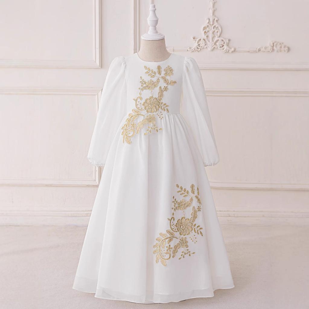 White Mesh Robe Girl Jacquard Dress Long-sleeved Party Evening Dress