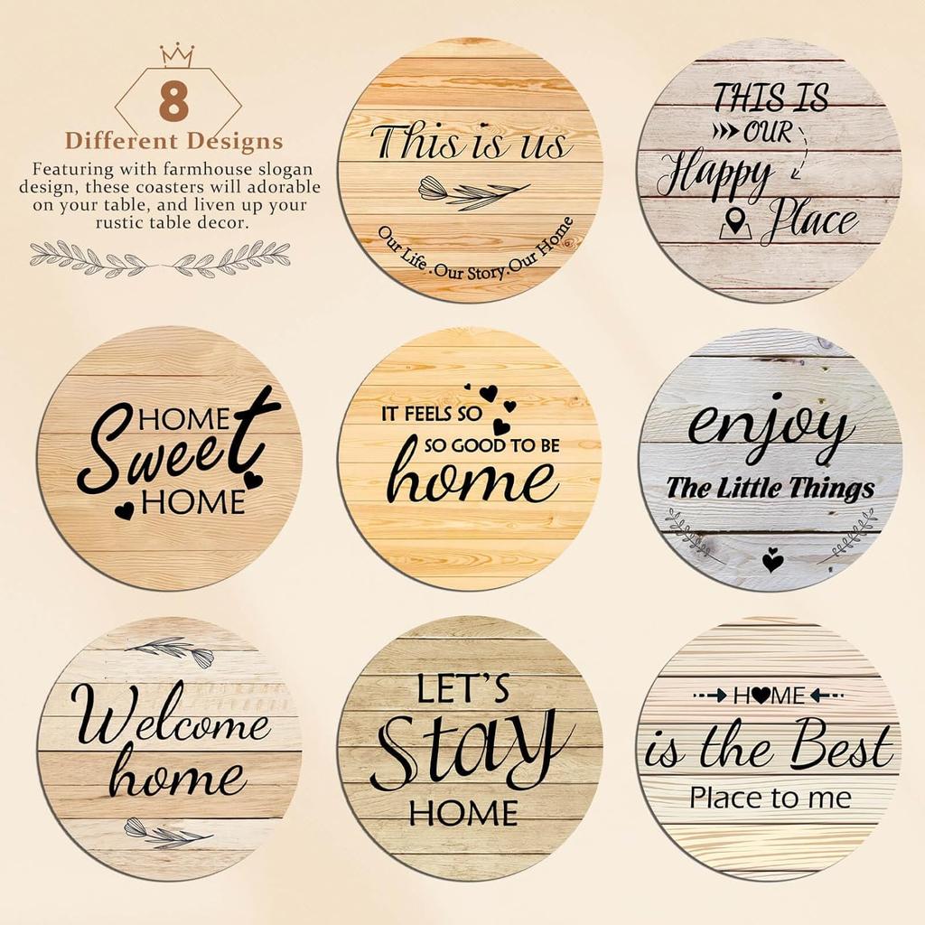 Billbotk Farmhouse Coasters Set of 8, Ceramic Drink Coaster for Coffee Table Decor, Funny House Warming Gifts for New Home, 4 Inches