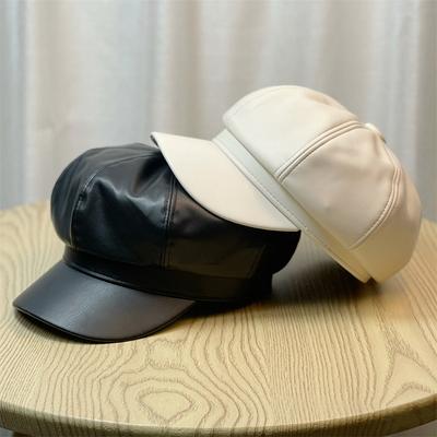 Autumn and Winter Women's Big Head Octagonal Hat Leather Painter's Hat Korean Version PU Large Peaked Cap British Versatile Beret Men's Winter
