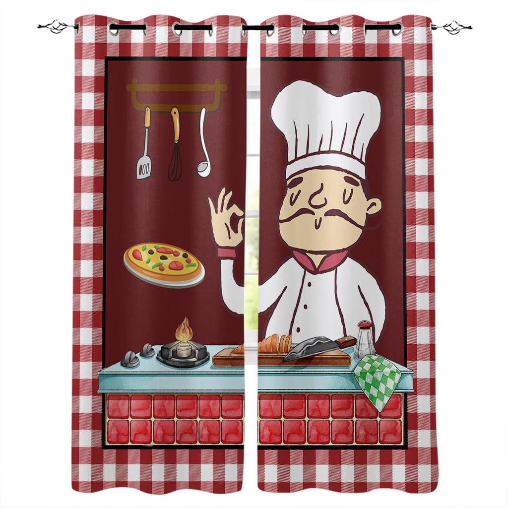 Black And White Plaid Chef Knife Fork Blackout Curtains For Kitchen Bedroom Kids Room Window Treatment Curtains for Living Room