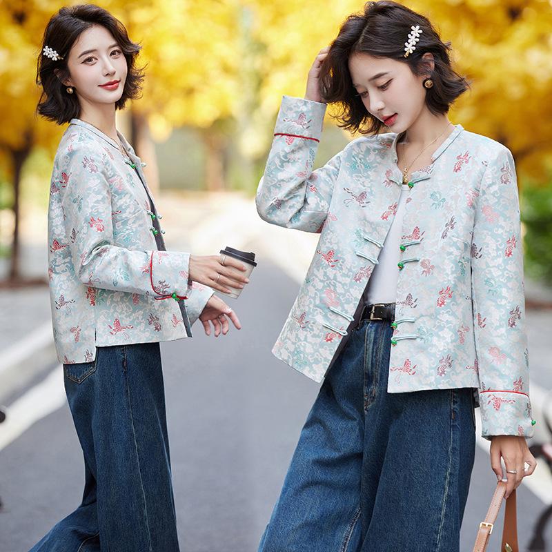 

Весенняя женская куртка из китайской парчи 2025 года с длинными рукавами и ретро-застежкой «лягушка» - SP6022 Large 120-130 lbs светло-зеленый