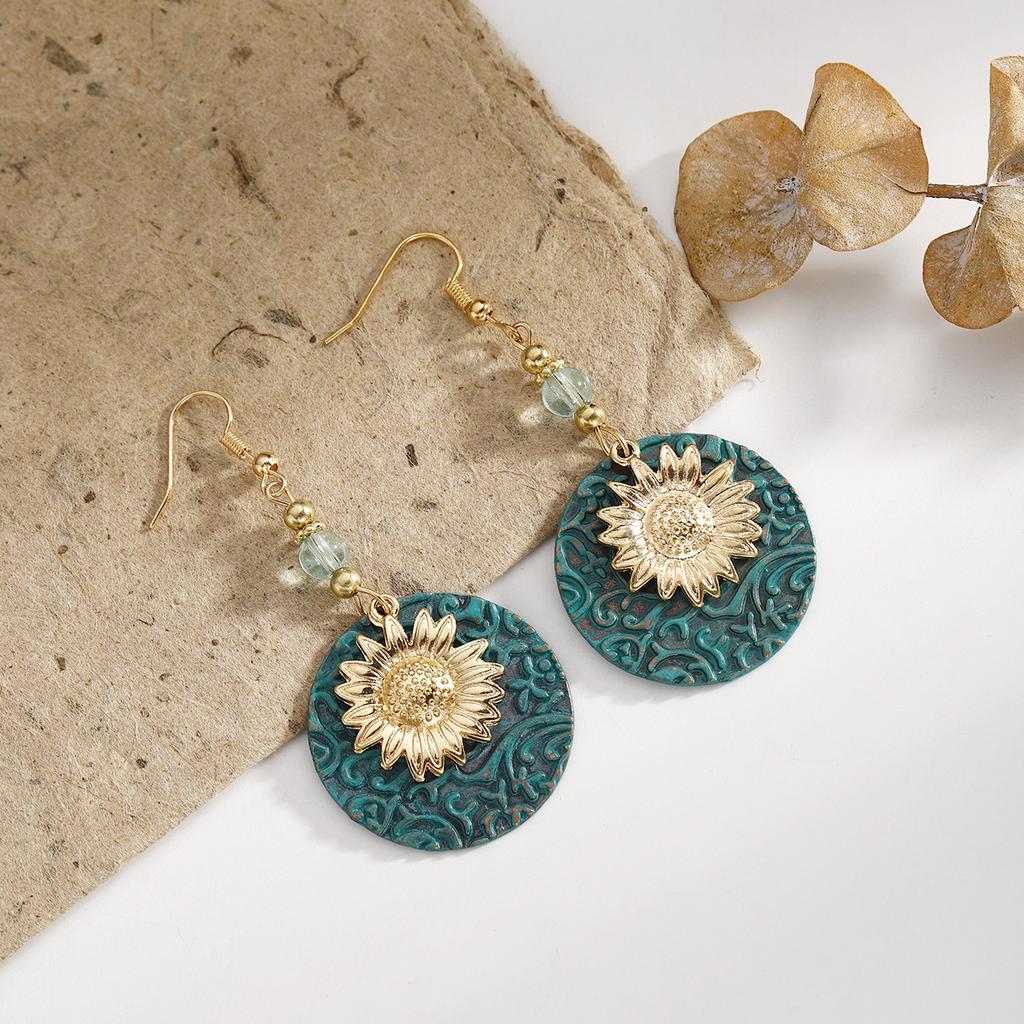 European, American Bohemian Two-color Double-layer Sunflower Exquisite Pattern Earrings Retro Earrings