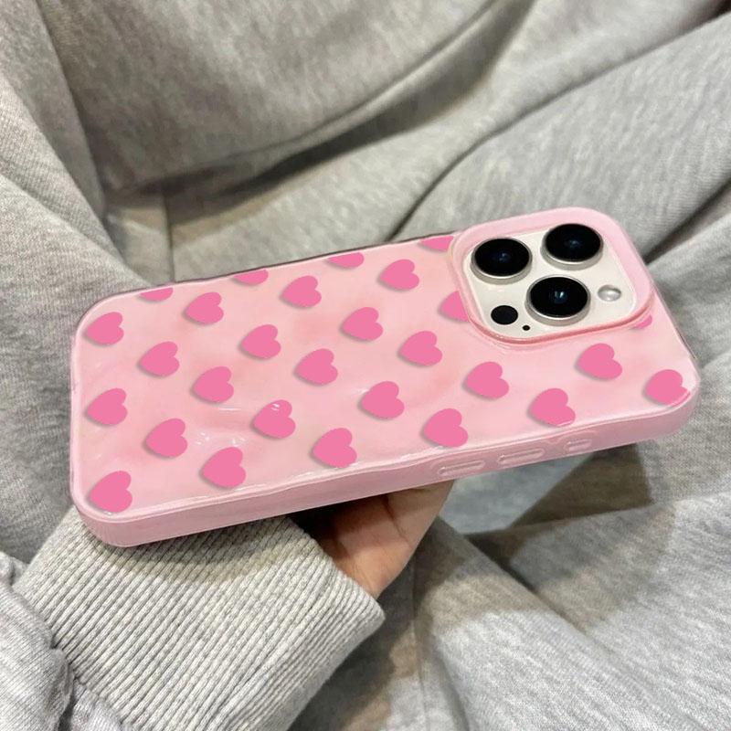INS Korean Pink Heart Folds Texture Case For iPhone 17 16 15 14 13 12 11 Pro Max 16 Plus Candy Color Shockproof Soft Back Cover
