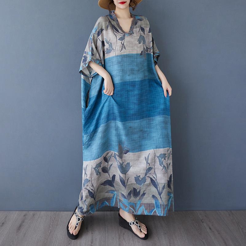 Real Summer New Color Vacation Style Travel V-neck Retro Long Dress Covering Meat Cotton and Linen Dress Women's Clothing