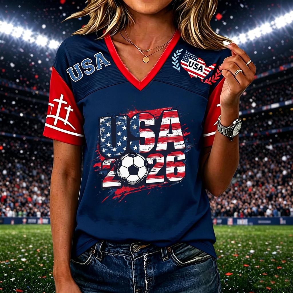 Women’s Casual Short Sleeve V Neck Pullover Top with USA 2026 Soccer Graphic Print Comfortable Loose Fit T Shirt for Daily Wear