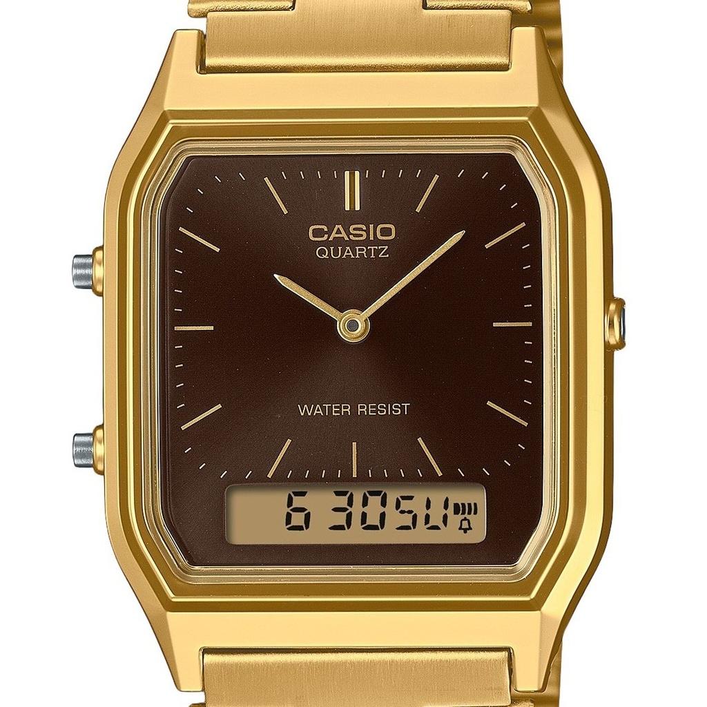 Casio Vintage Analoog Digitaal Goudkleurig Roestvrij Staal Bruine Wijzerplaat Quartz AQ-230GA-5A Unisex Horloge
