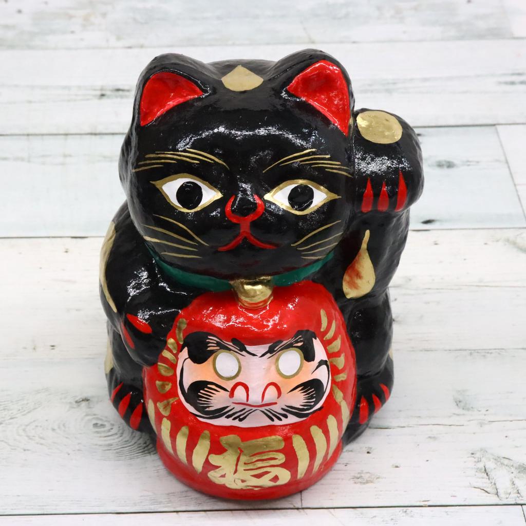 Made in Lucky Daruma Black Japan Cat, Large,