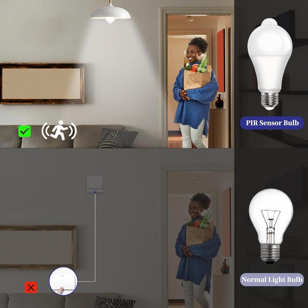 Motion Sensor LED Bulbs E27 PIR Lamp 7W Cool White 6500K LED Light Bulb Auto On/Off for Front Door, Garage, Stairs, Hallway