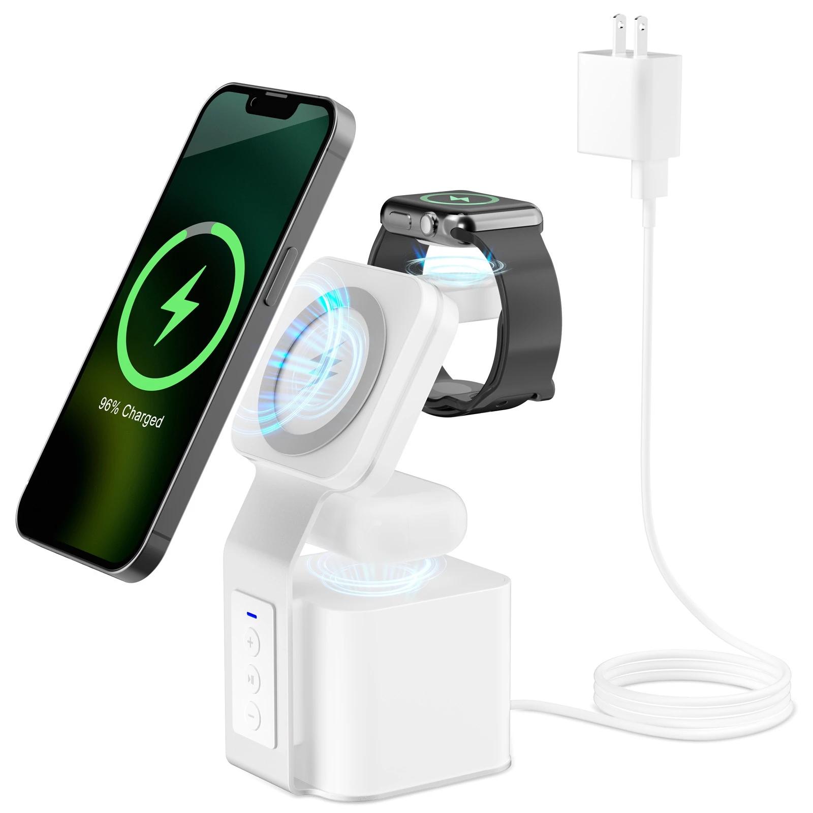 

4 в 1 Магнитная быстрая зарядка подходит для iPhone 15 Телефон Наушники и часы 3 в 1 Bluetooth Динамик Беспроводное зарядное устройство белый