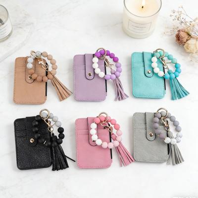 Beaded Bracelet Keychain Wallet Women Silicone Wristlet Credit Card Holder Slim Card Wallet with Tassel Zipper