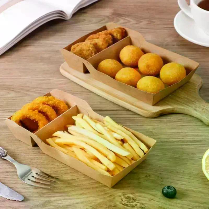 50 Stück Einweg Kraftpapier Lebensmittel Serviertablett Zwei Fächer Snack Pommes Hähnchen Salat Karton Zum Mitnehmen Behälter für Party