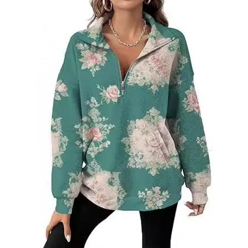 Womens Oversized Long Sleeve Pullover Top With Floral Print Half-Zip Collar Casual Cotton Sweatshirt
