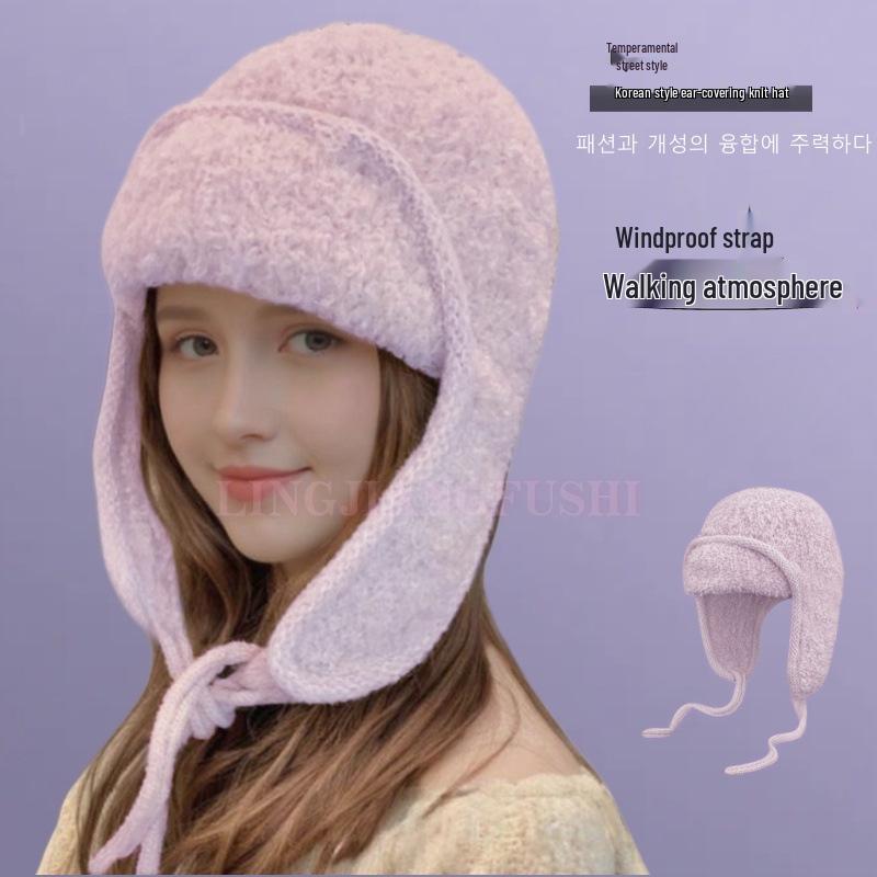 Jednobarevná plyšová letecká čepice s klapkami na uši - Zimní teplo s pletenou šňůrkou na zavazování pro velké obvody hlavy