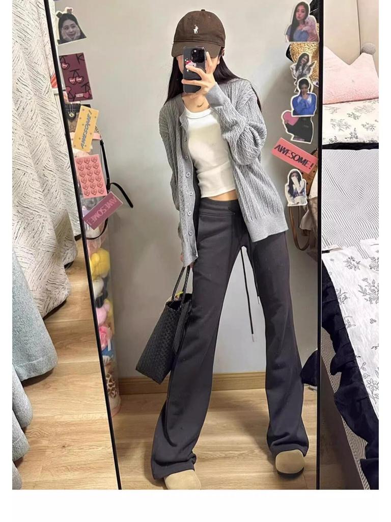 Petite Women's High-Waist Dark Grey Micro-Flare Sweatpants (150cm) - American Style, Spring/Autumn