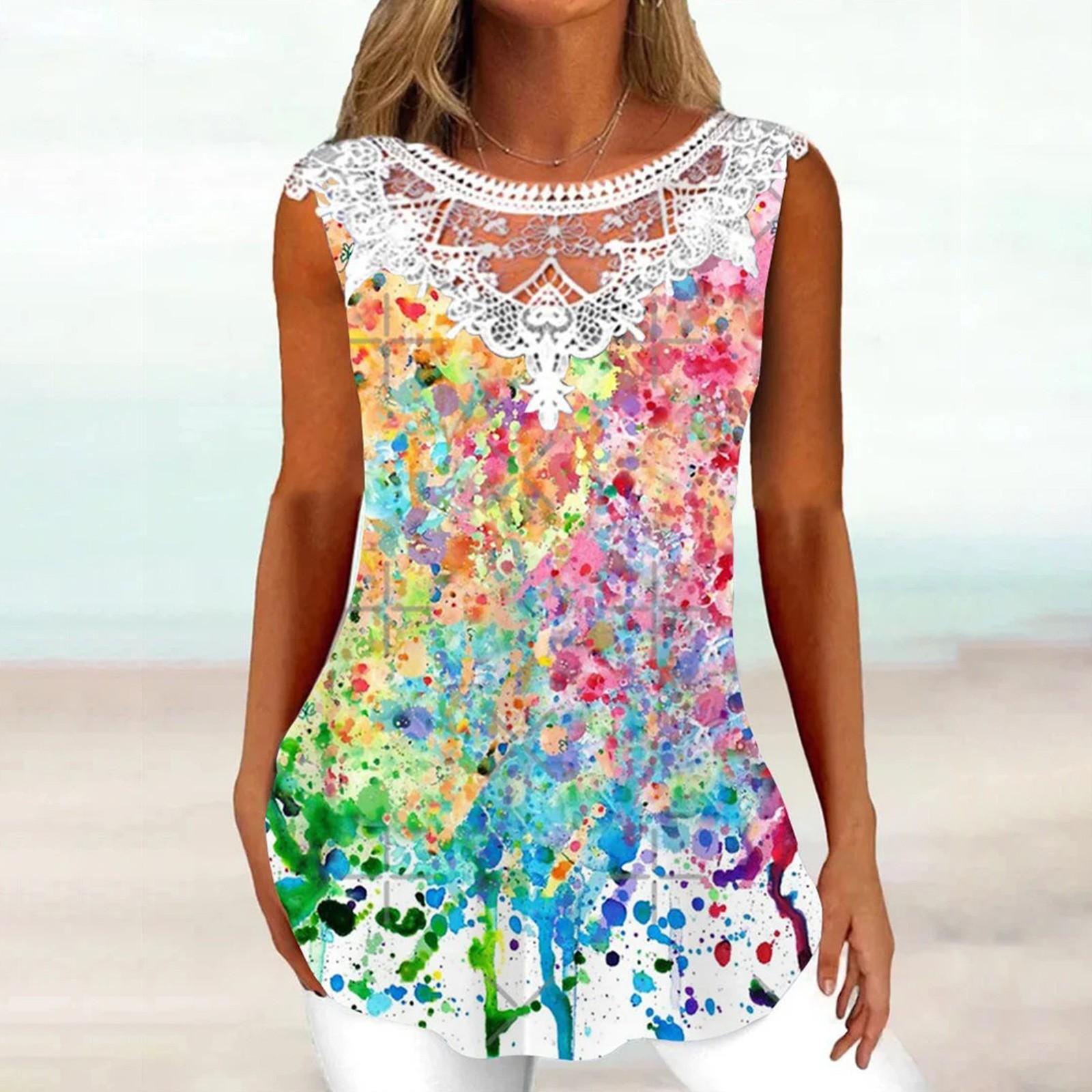 

Летние повседневные туники, топы для ношения с леггинсами, летние рубашки без рукавов, струящиеся кружева, нарядные майки, блузки для женщин XL разноцветный