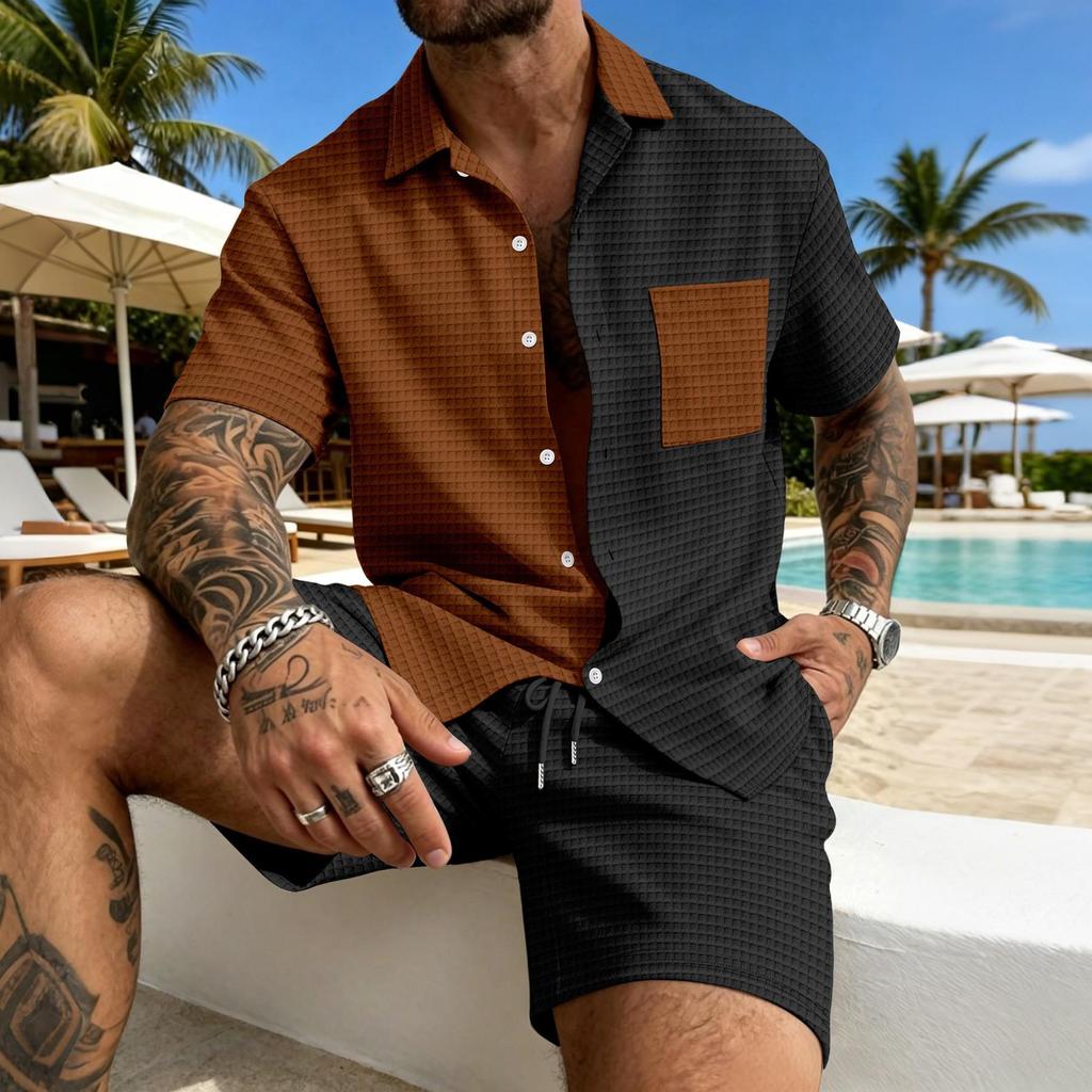 Men's American Summer Plaid Color Block Pocket Shirt & Shorts Casual Set