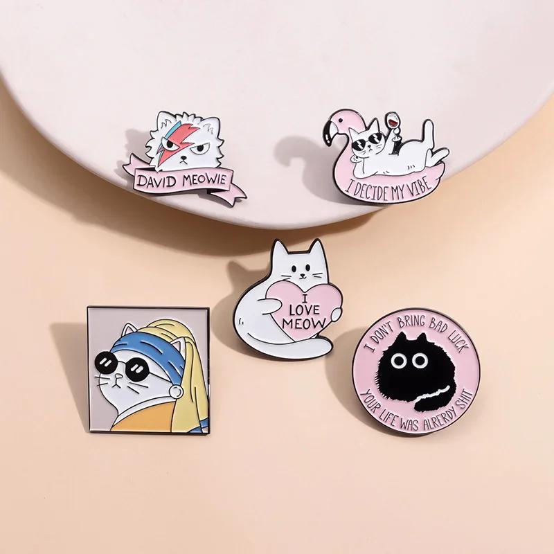 I Love Meow Enamel Pins Custom Oil Painting David Meowie Good Vibe Brooches Lapel Badges Cartoon Animal Fun Jewelry Gift Friends