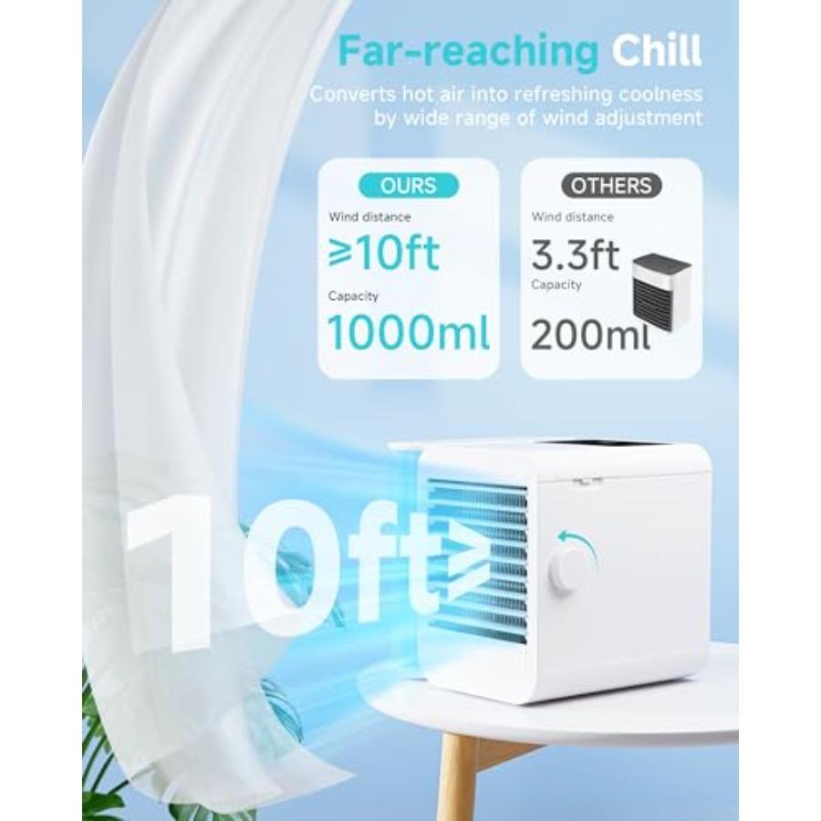 Portable air conditioner fan for bedroom, office, home: evaporative mini air cooler with 7-color night light, USB-powered perso