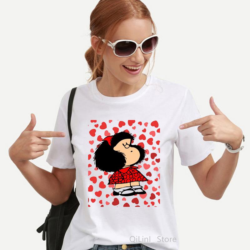 Kawaii Engraado Mafalda Impresso Grfica Camiseta Feminina Harajuku Roupas Estticas Branco Topos Tshirt 2021 Moda Casual Feminino T Camisa