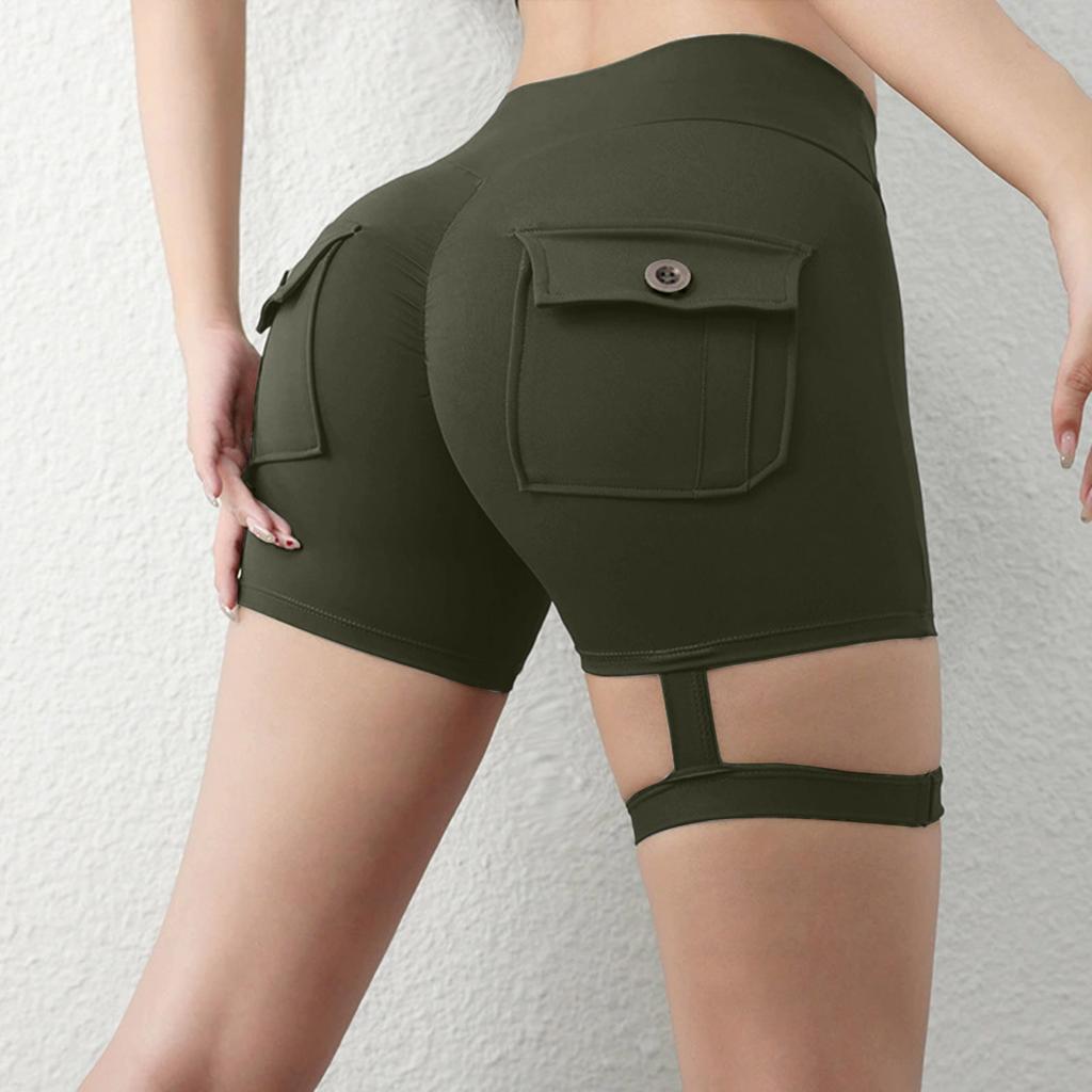 Womens High Waist Stretchy Pocket Shorts with Button Flap and Strap for Casual and Active Wear