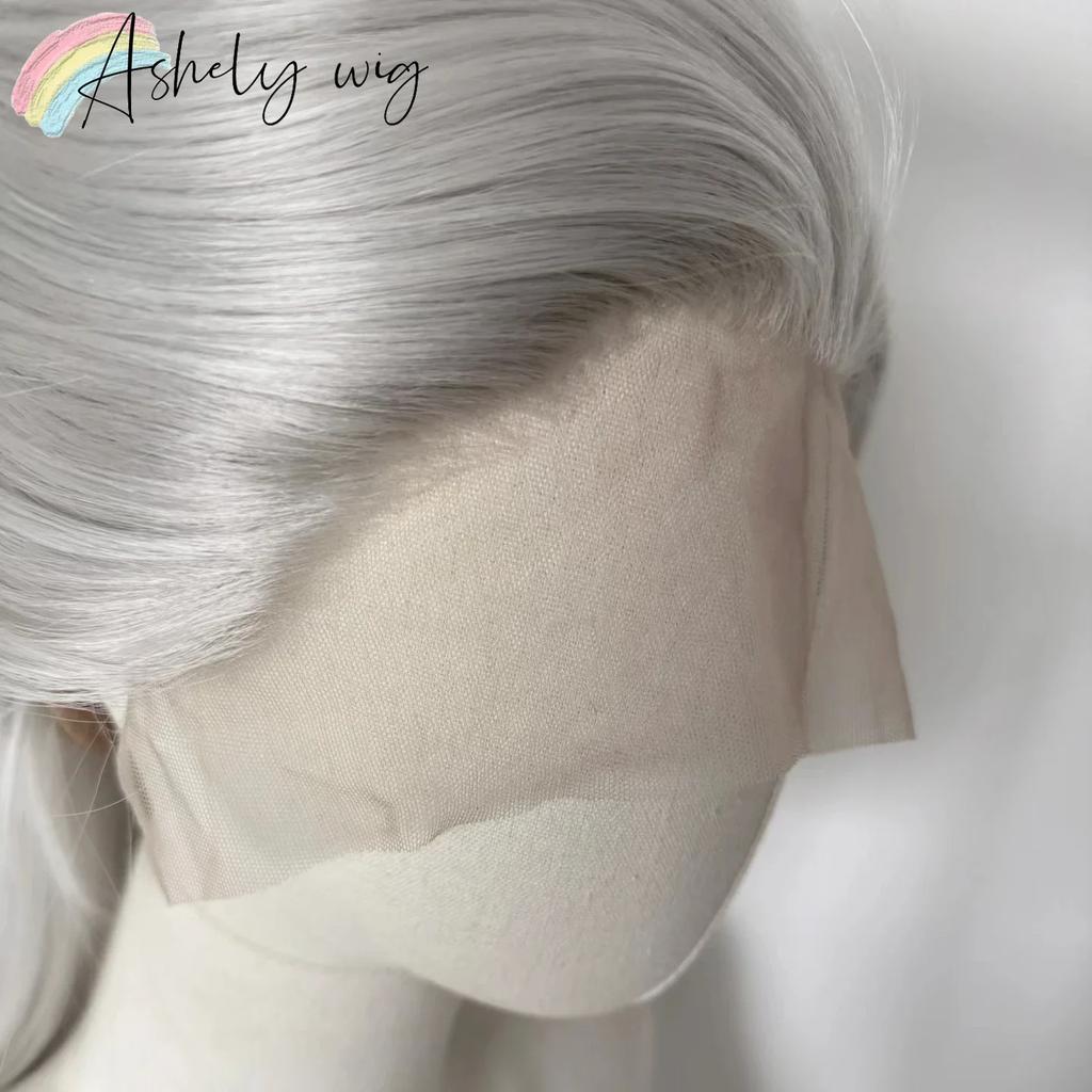 Sliver Wig for Men 14inch Straight Lace Front Wig White Wolf Tail Short Hair High Temperature Fibers Glueless Wigs for Cosplay