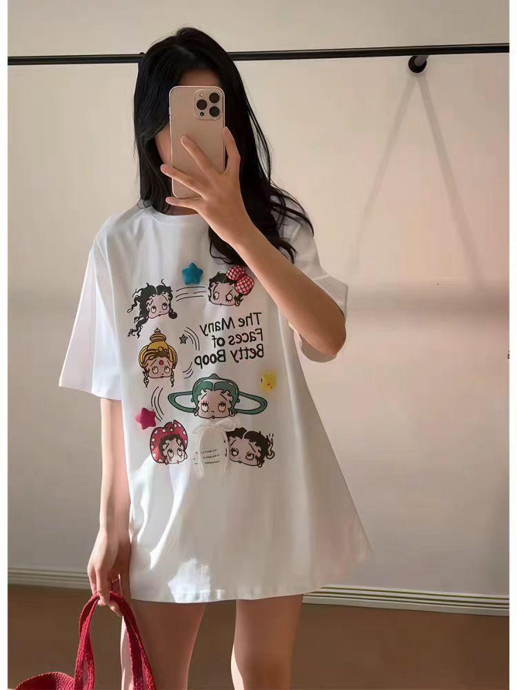 Cute Betty Boop T-Shirt Summer Loose Anime Fashion Y2K Cartoon Short Sleeve Pure Cotton Is Soft and Comfortable Tops Girl Gift