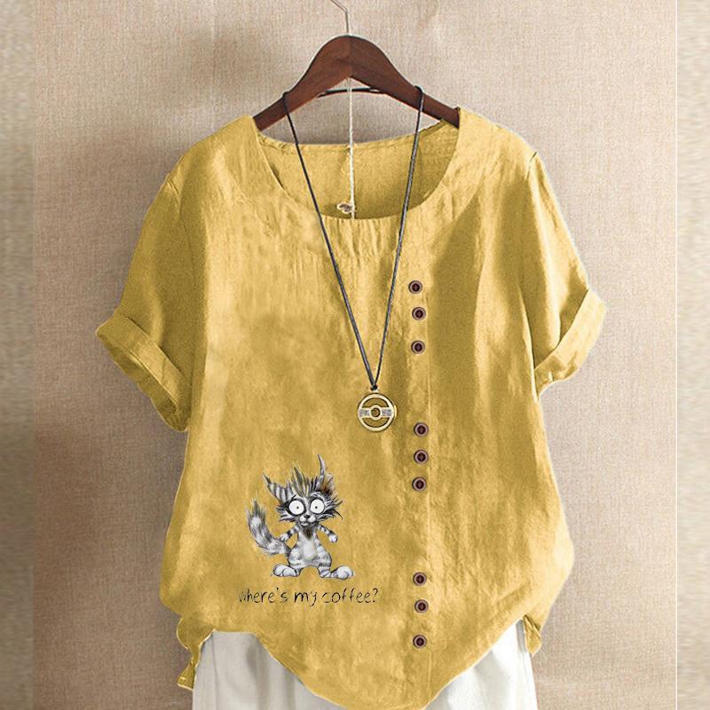 Women's Fashion Cartoon Cat Prined Short Sleeve T-shirt Loose Cotton Shirt Casual Loose Summer Blouse Tops Plus Size