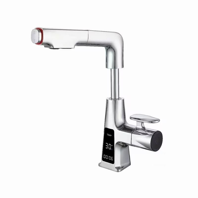 LED Digital Display Lift Pull Out Bathroom Basin Faucet Gray Brass Multifunctional Hair Wash Mouthwash Hot And Cold Mixed Tap
