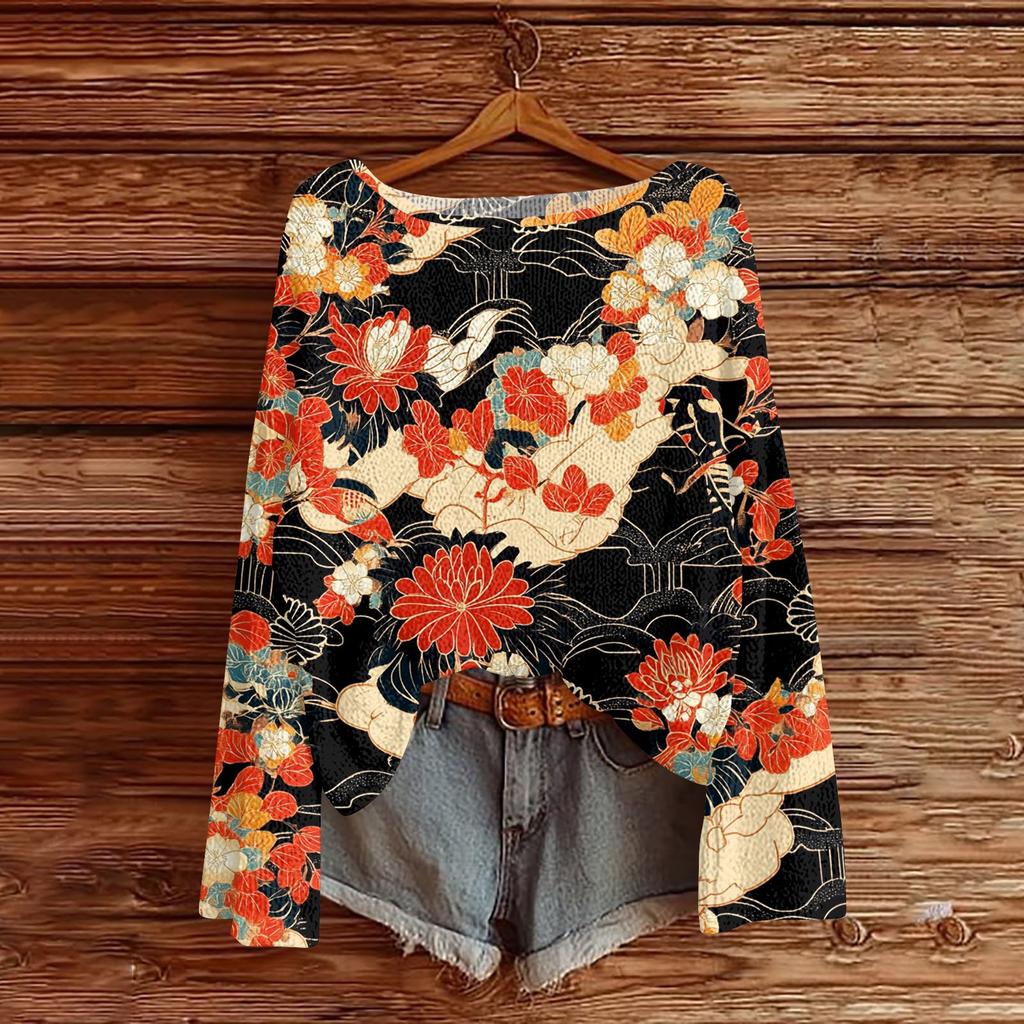 Womens  Fall Sweaters Long Sleeve Print Tops Pullover Sweaters Loose Dressy Casual Basic Clothes