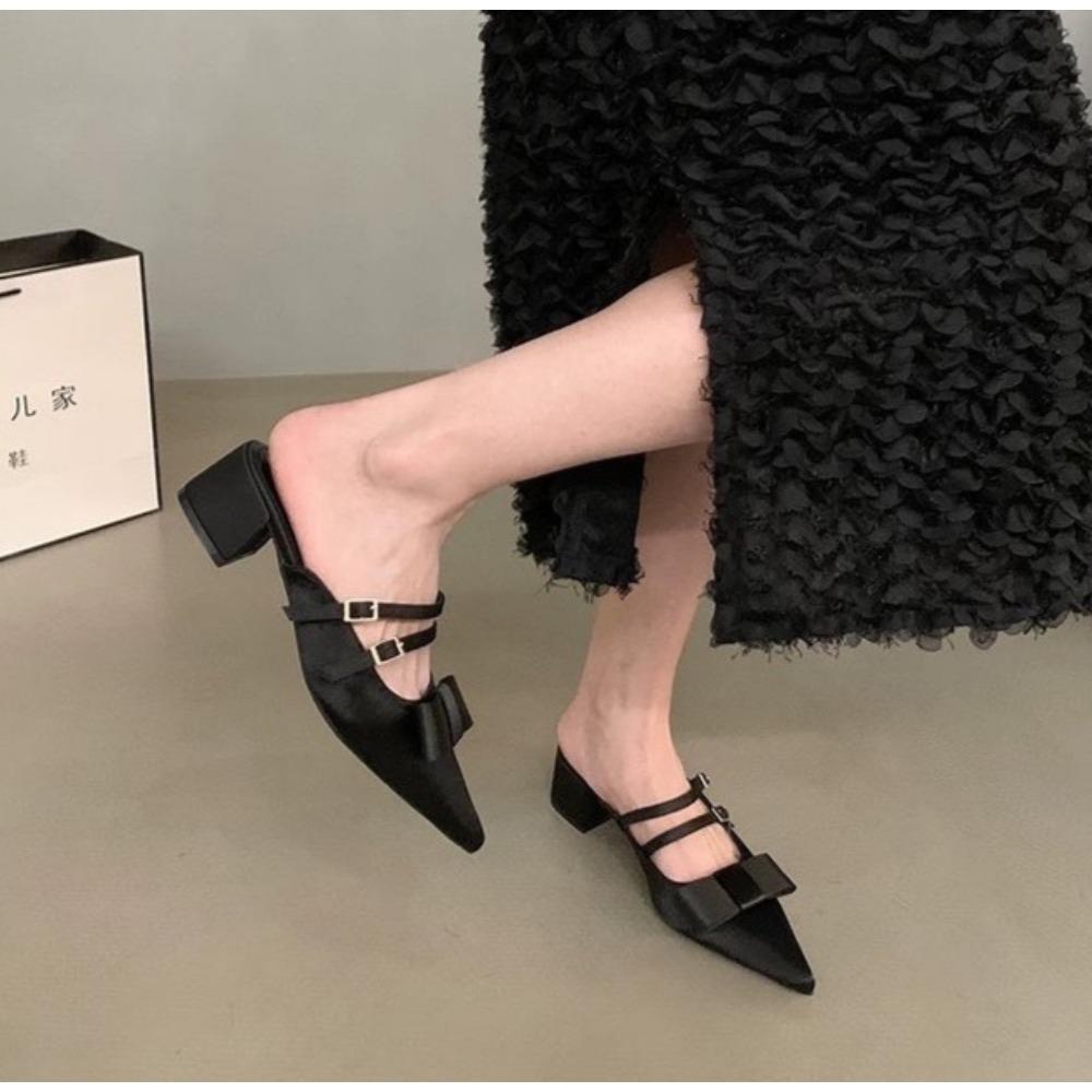 Fashion New Silk Bowknot Pointed Toe Slippers Women Sweet Elegant Mid Heel Slingbacks Shoes Female Slides Fashion Designer Sandals