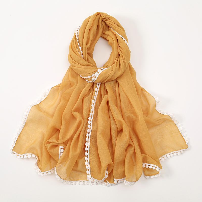 Winter Plain Solid Lace Chain Pom Pom Viscose Shawls Scarf Lady High Quality Wrap Pashmina Stole Bufandas Muslim Hijab 180*90Cm