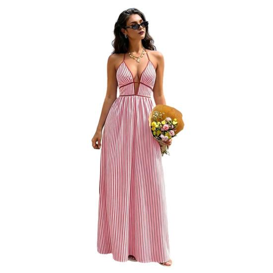 Women s Halter Striped Maxi Dress Sleeveless Deep V Neck A Line Sundress Summer A-Line Beach Vacation Dress S