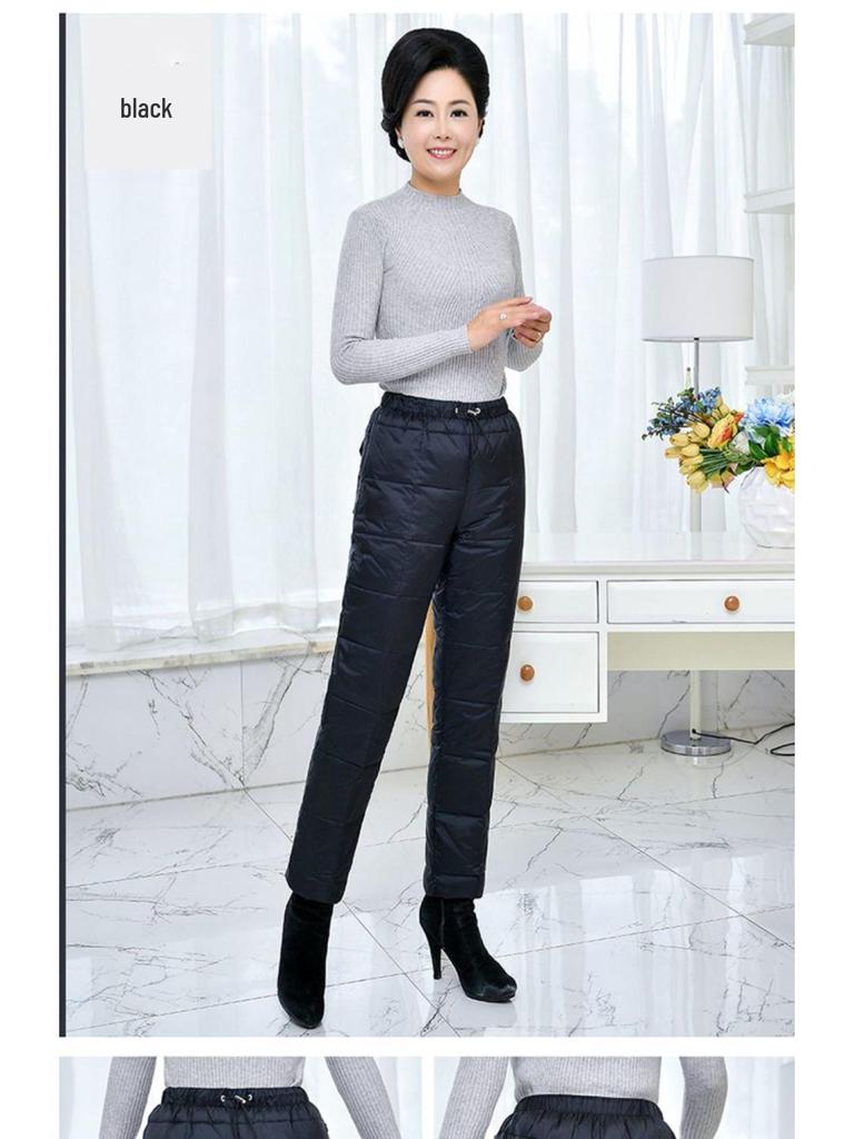 Women's High-Waist Fleece-Lined Warm Down Pants - Lightweight, Straight Leg, Perfect for Middle-Aged & Elderly Moms, Small Size (New).