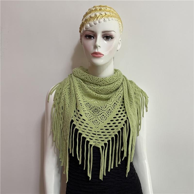 Women's Hollowed Knitted Triangular Scarf Imitation Cashmeres Soft Winter Shawl Wrap Neckerchief Blanket with Fringes