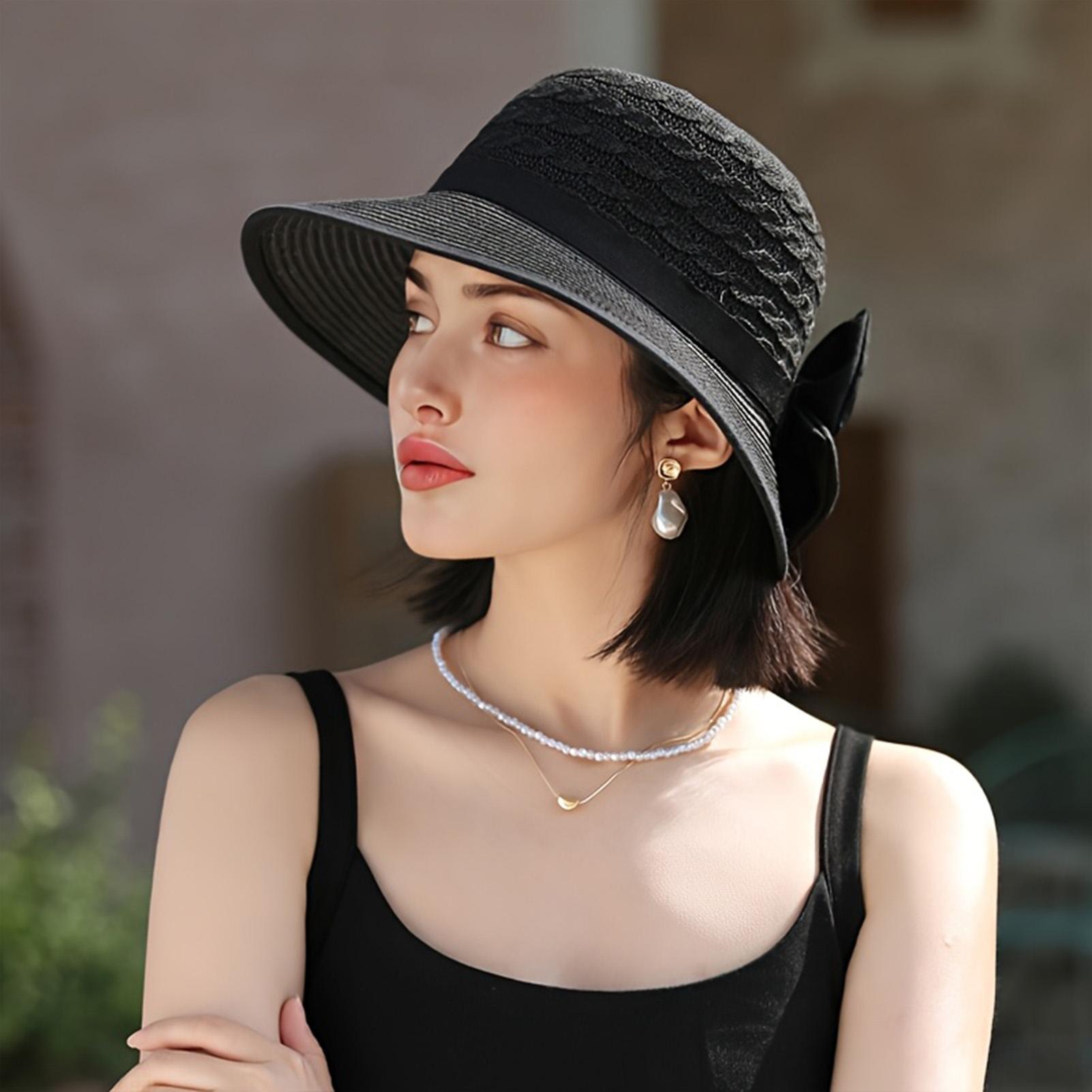 

Elegant Bowknot Straw Sun Hat Wide Brim Beach Hat Uv Protection Women Summer Outdoor Travel French Style Breathable Lightweight чорний